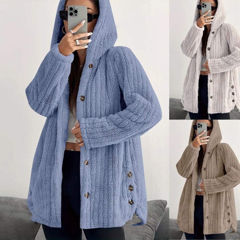Women’s Hooded Plush Coat – Loose Fit with Regular Sleeves