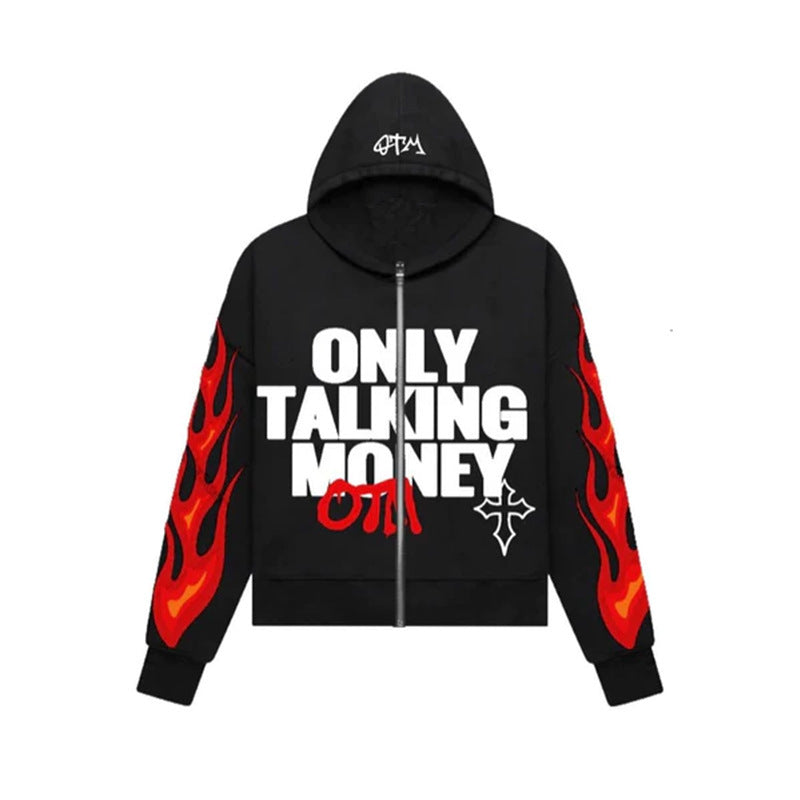 Flame Letter Zip-Up Hoodie – Casual Hip-Hop Street C