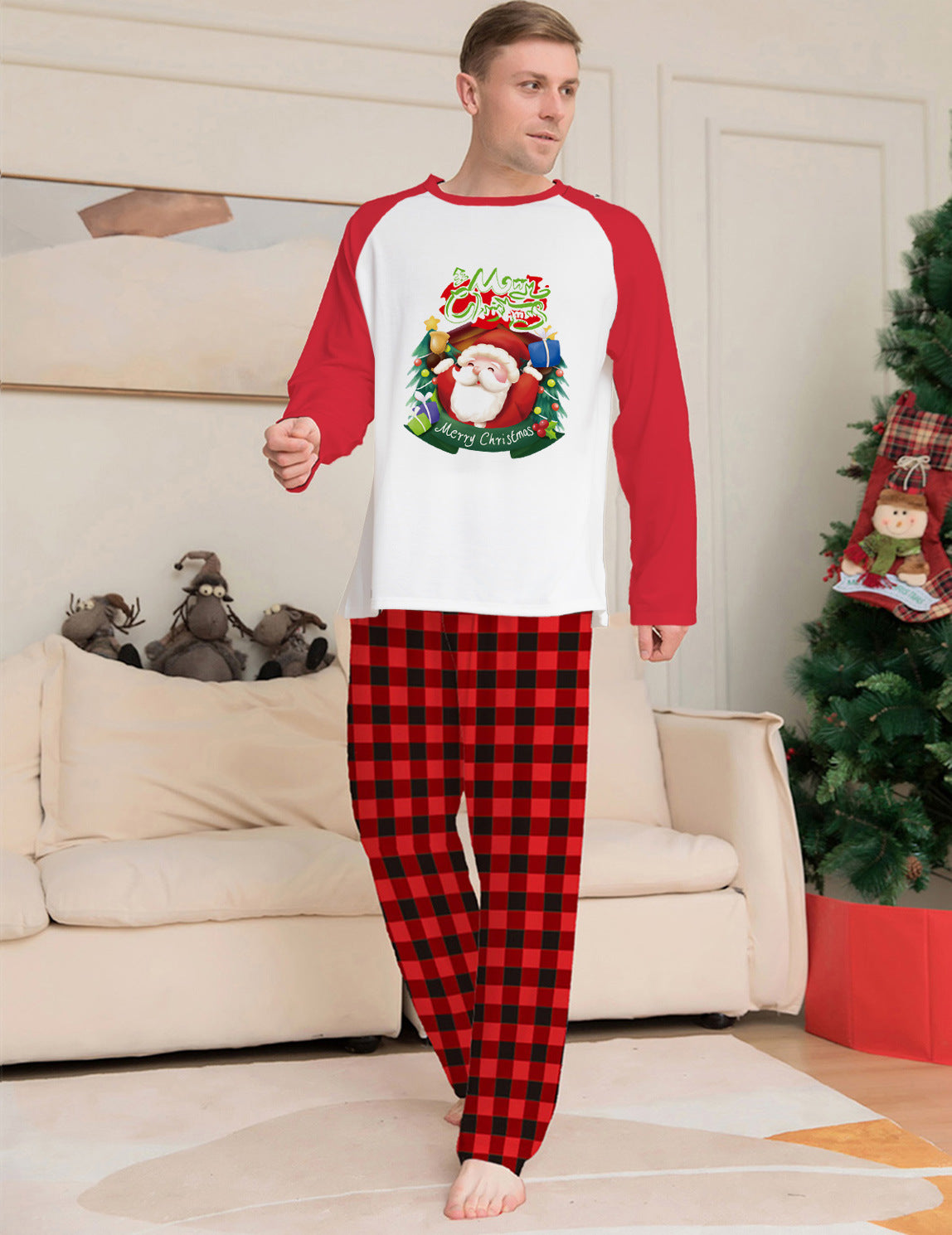 Family Matching Christmas Pajamas – Long Sleeve Tops & Plaid Bottoms