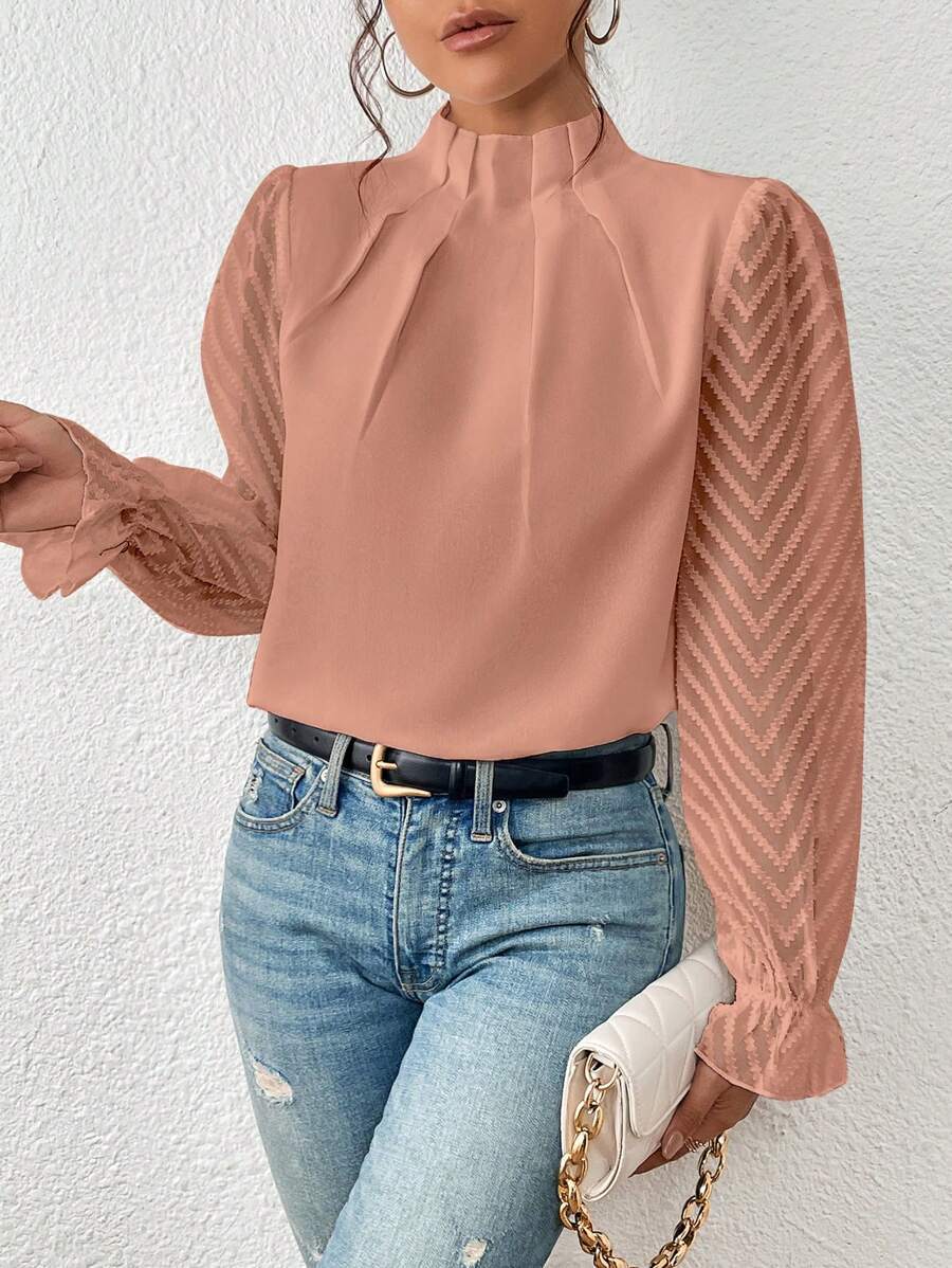 Women’s Wavy Stitch Chiffon Long-Sleeve Top with Half Turtleneck