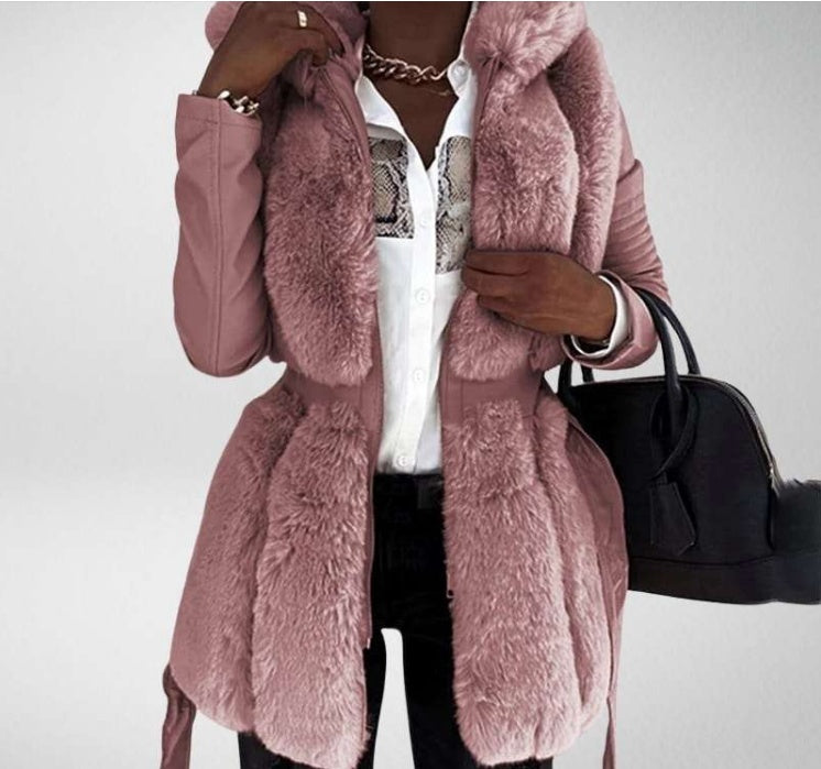 Fur Belt Hooded Jacket for Women – Stylish Winter Outerwear
