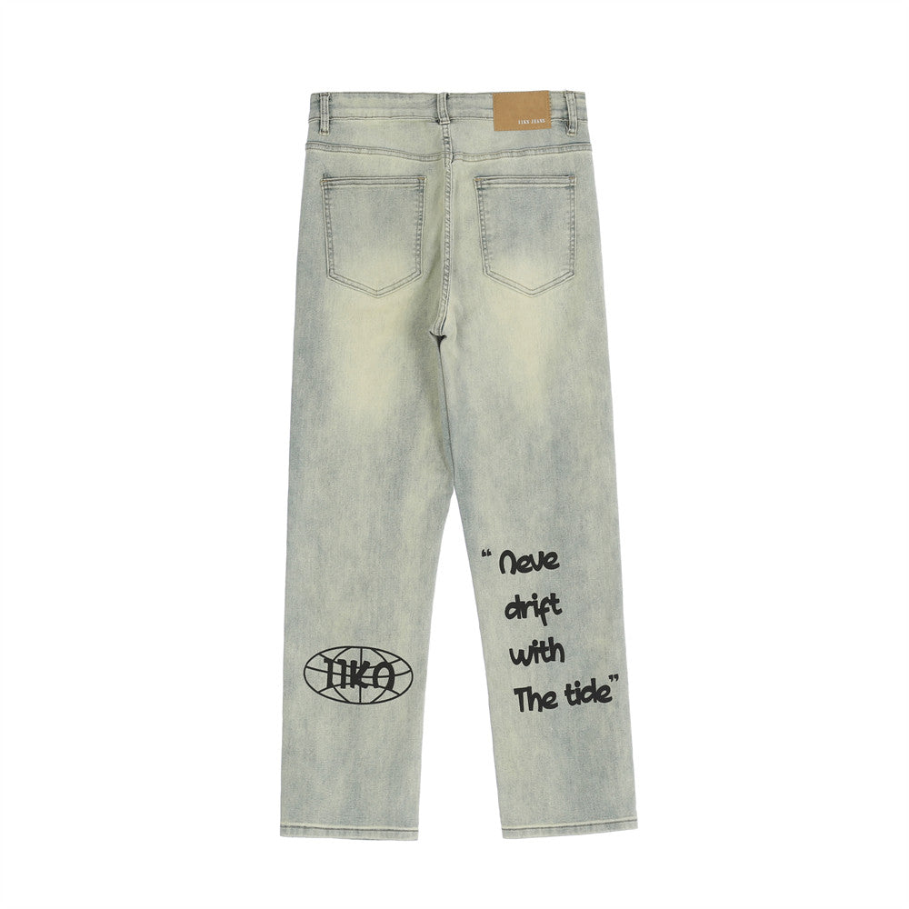 Men’s Vintage Washed Printed Denim Jeans
