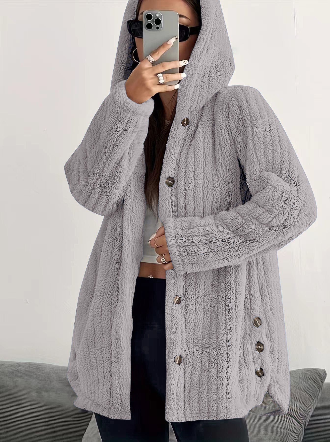 Women’s Hooded Plush Coat – Loose Fit with Regular Sleeves