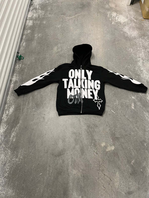 Flame Letter Zip-Up Hoodie – Casual Hip-Hop Street C