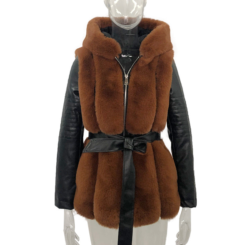 Fur Belt Hooded Jacket for Women – Stylish Winter Outerwear