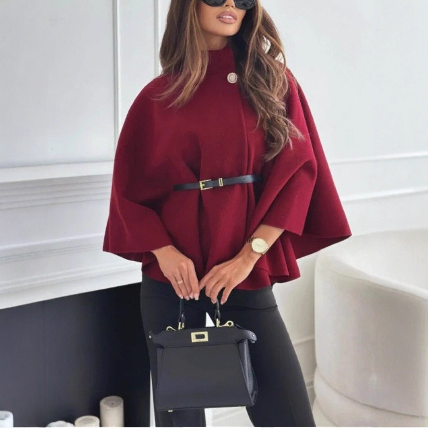 Women’s Stand-Collar Batwing Sleeve Cloak Jacket with Belt