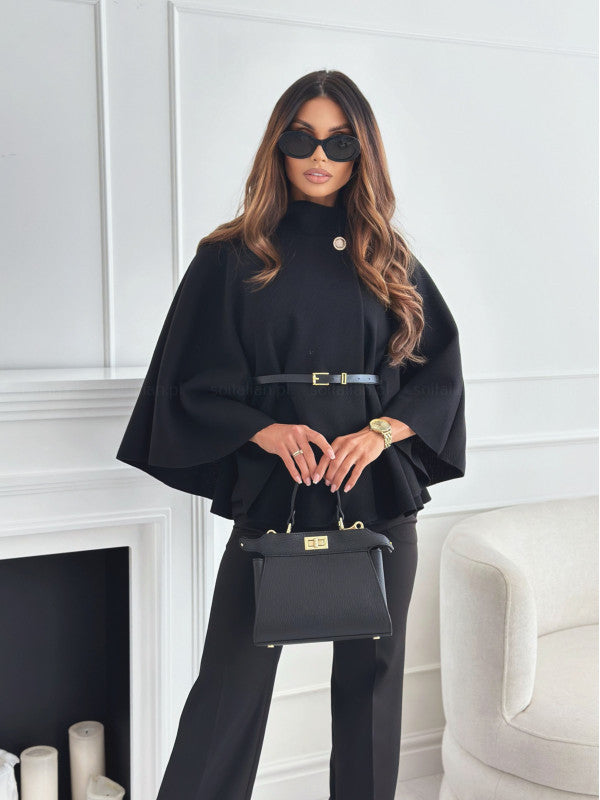 Women’s Stand-Collar Batwing Sleeve Cloak Jacket with Belt