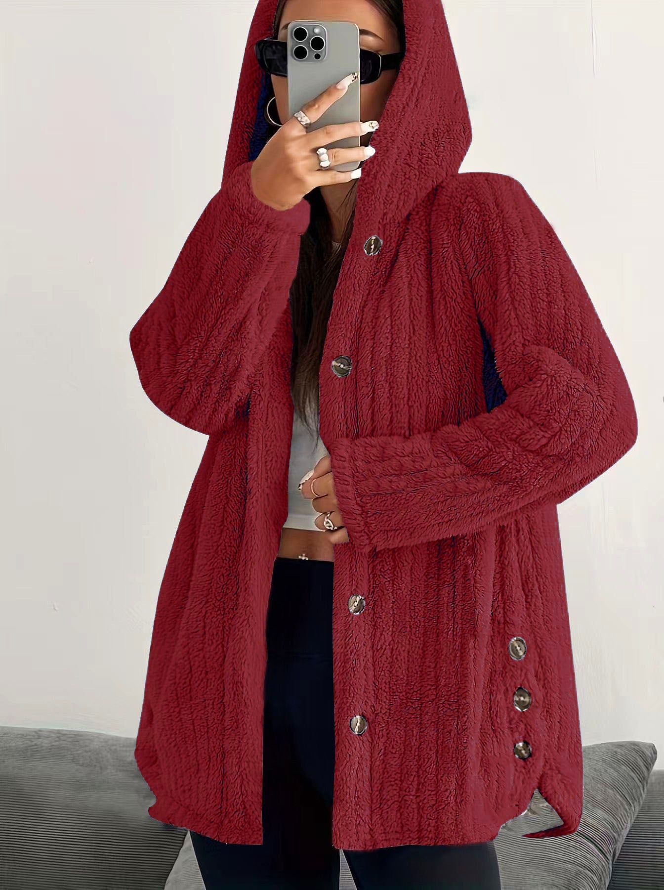 Women’s Hooded Plush Coat – Loose Fit with Regular Sleeves