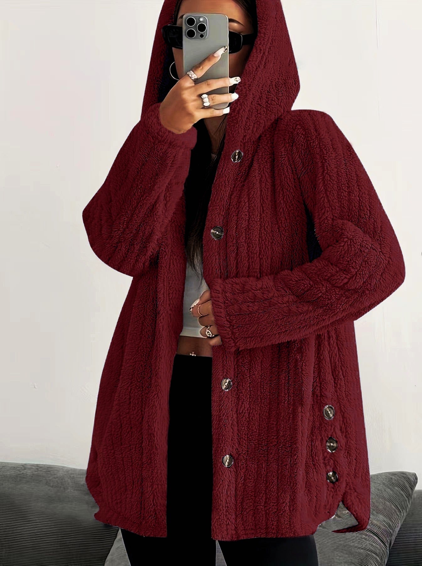 Women’s Hooded Plush Coat – Loose Fit with Regular Sleeves
