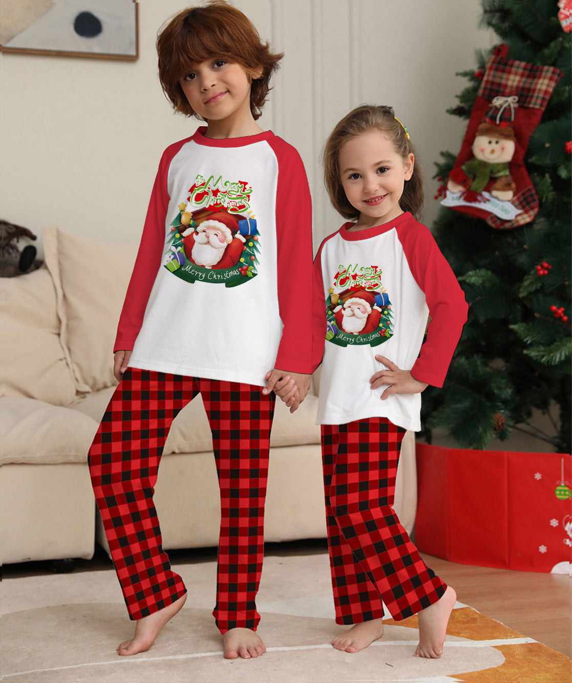 Family Matching Christmas Pajamas – Long Sleeve Tops & Plaid Bottoms
