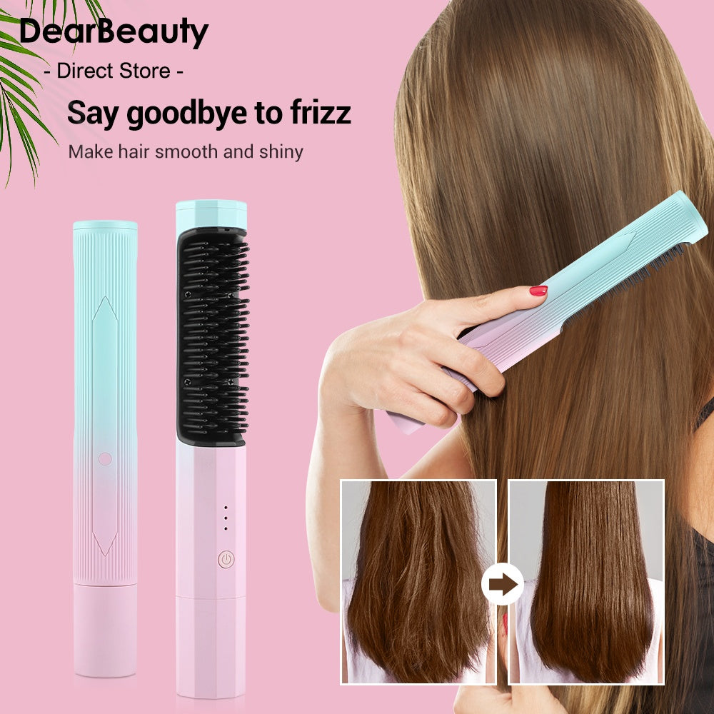 Rechargeable Wireless Hair Straightening Comb & Curler – Dual-Purpose Portable USB Styler