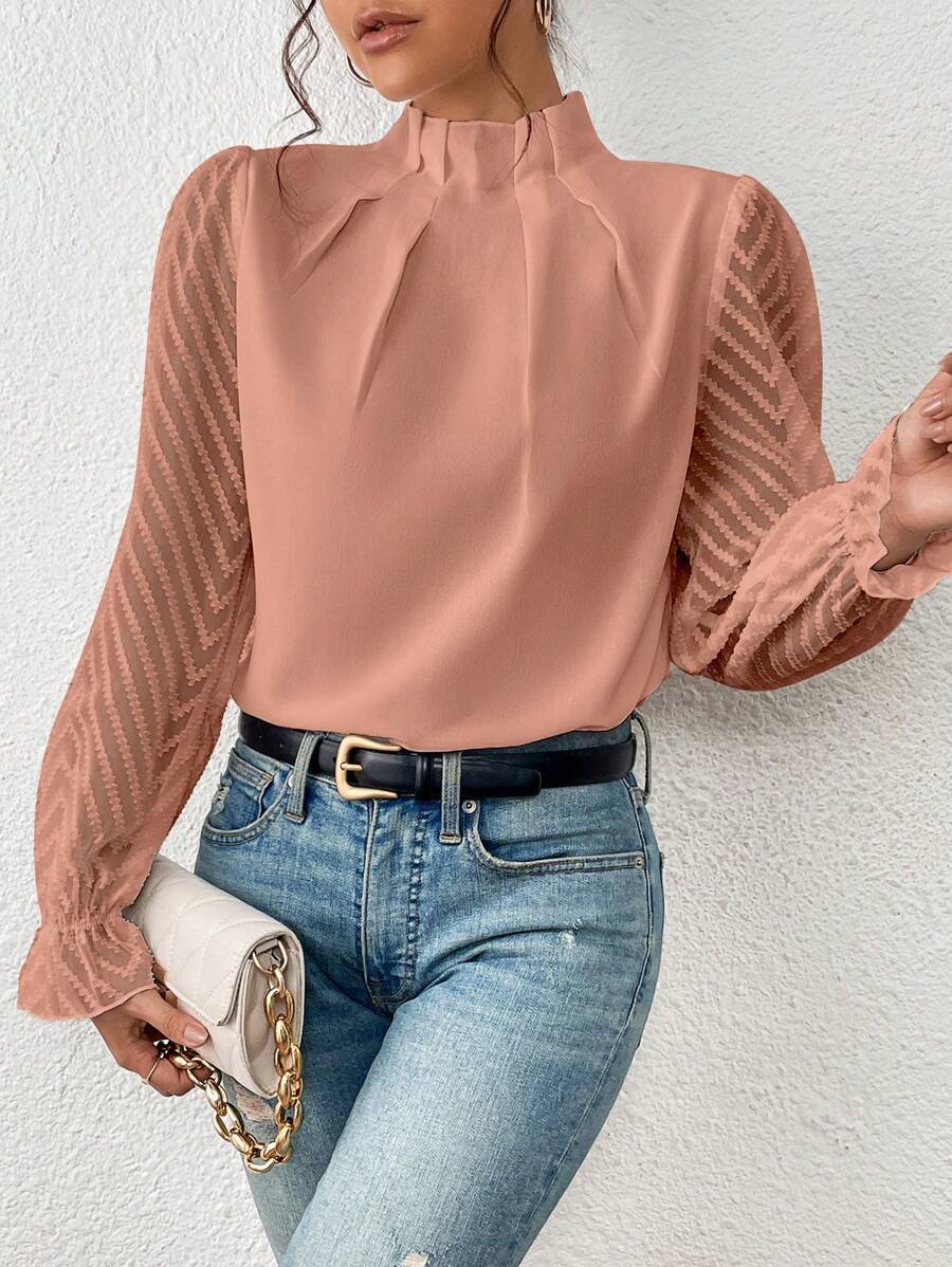 Women’s Wavy Stitch Chiffon Long-Sleeve Top with Half Turtleneck