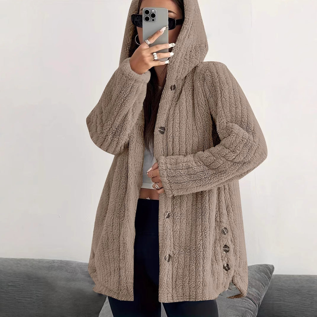 Women’s Hooded Plush Coat – Loose Fit with Regular Sleeves