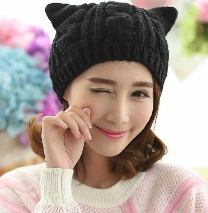 3D Knitted Cat Ear Beanie – Handmade Winter Hat