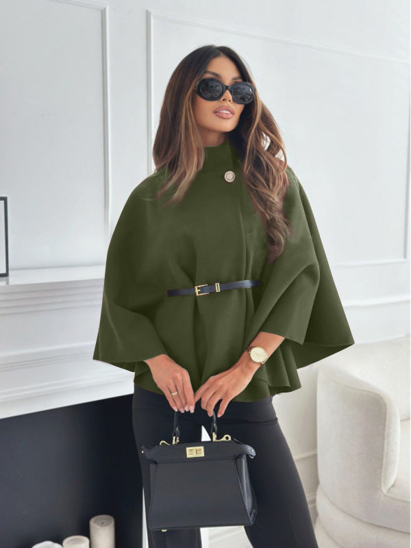 Women’s Stand-Collar Batwing Sleeve Cloak Jacket with Belt
