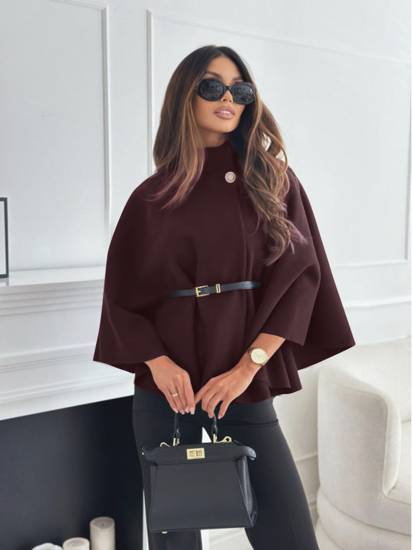 Women’s Stand-Collar Batwing Sleeve Cloak Jacket with Belt