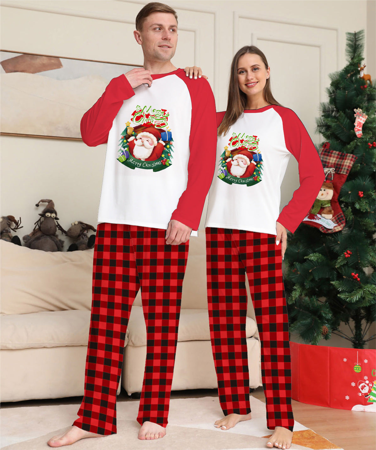 Family Matching Christmas Pajamas – Long Sleeve Tops & Plaid Bottoms