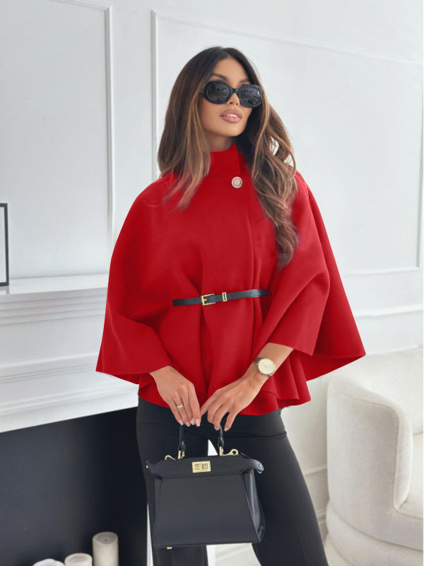 Women’s Stand-Collar Batwing Sleeve Cloak Jacket with Belt