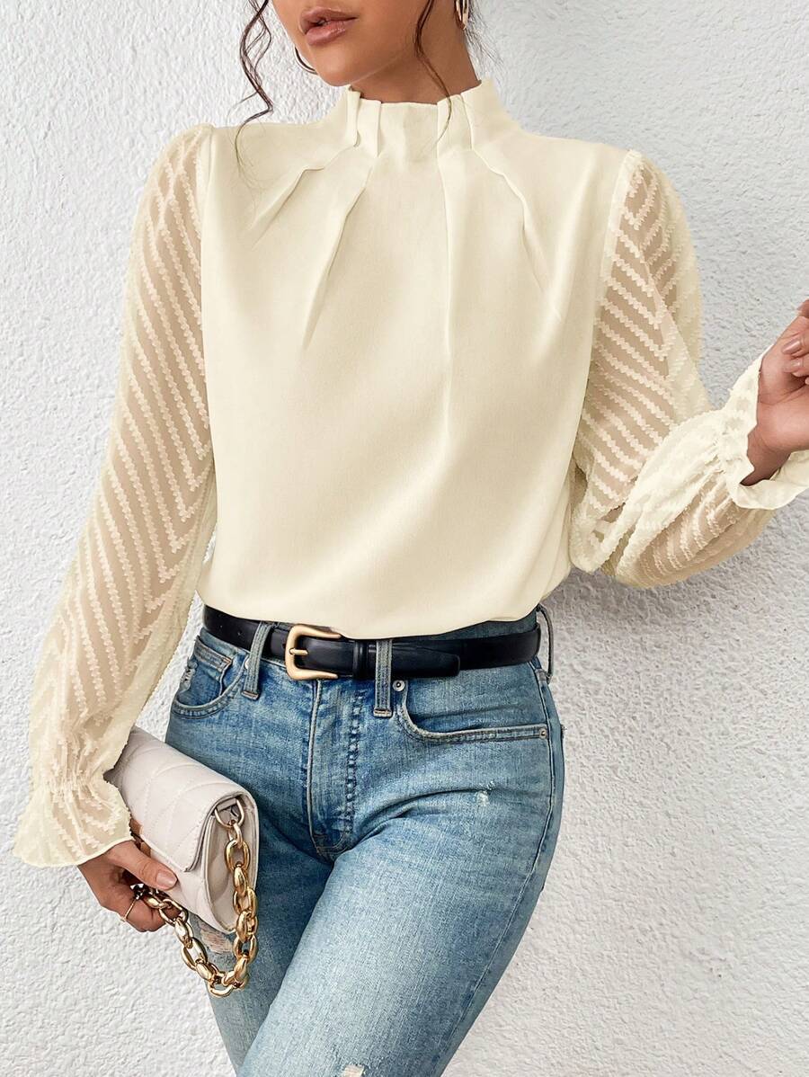 Women’s Wavy Stitch Chiffon Long-Sleeve Top with Half Turtleneck