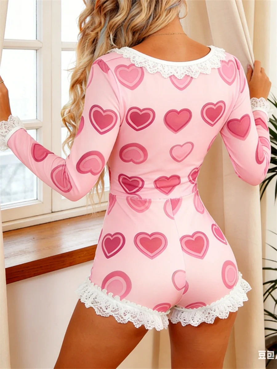Valentine’s Day Heart Print Lace Trim Playsuit