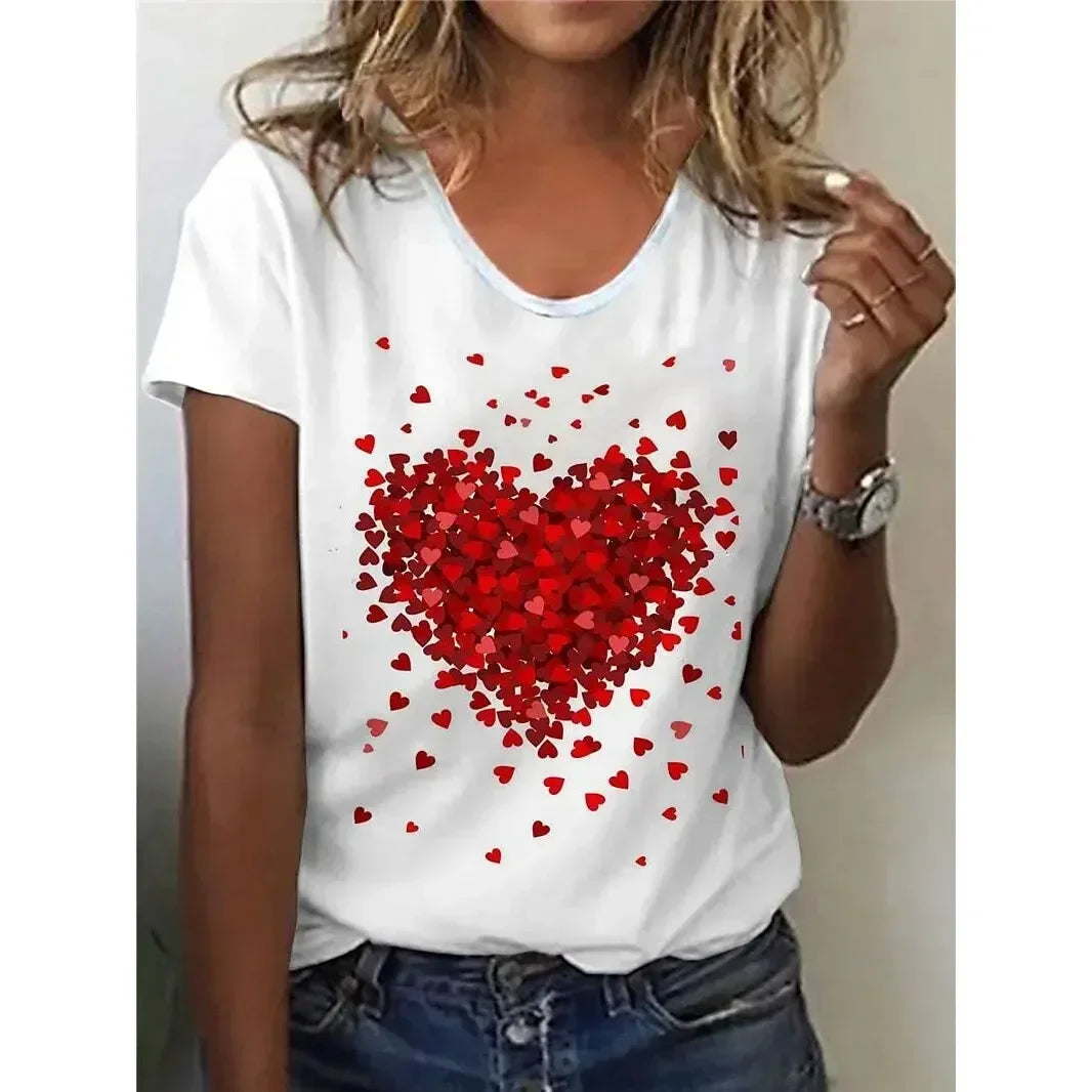Women’s Heart Print Valentine’s Day T-Shirt – Casual Crew Neck Tee