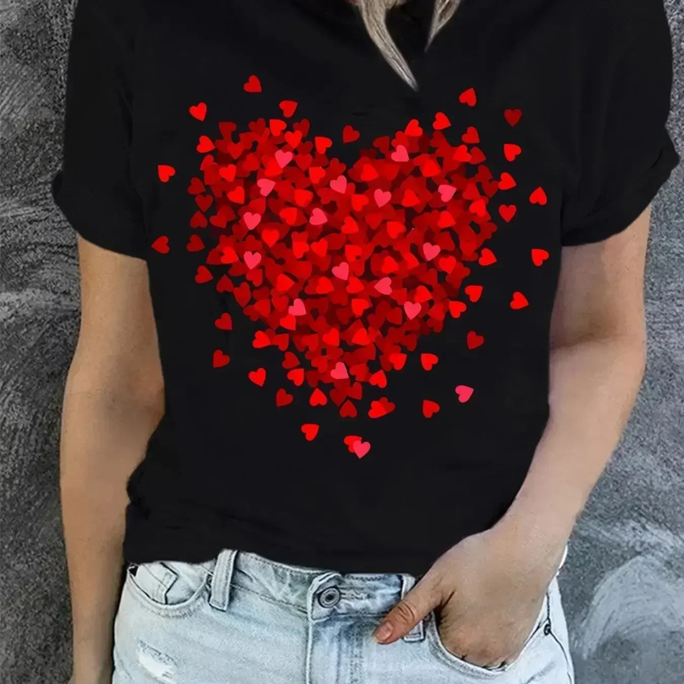 Women’s Heart Print Valentine’s Day T-Shirt – Casual Crew Neck Tee