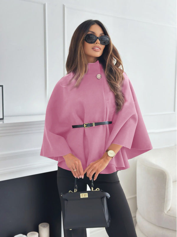 Women’s Stand-Collar Batwing Sleeve Cloak Jacket with Belt