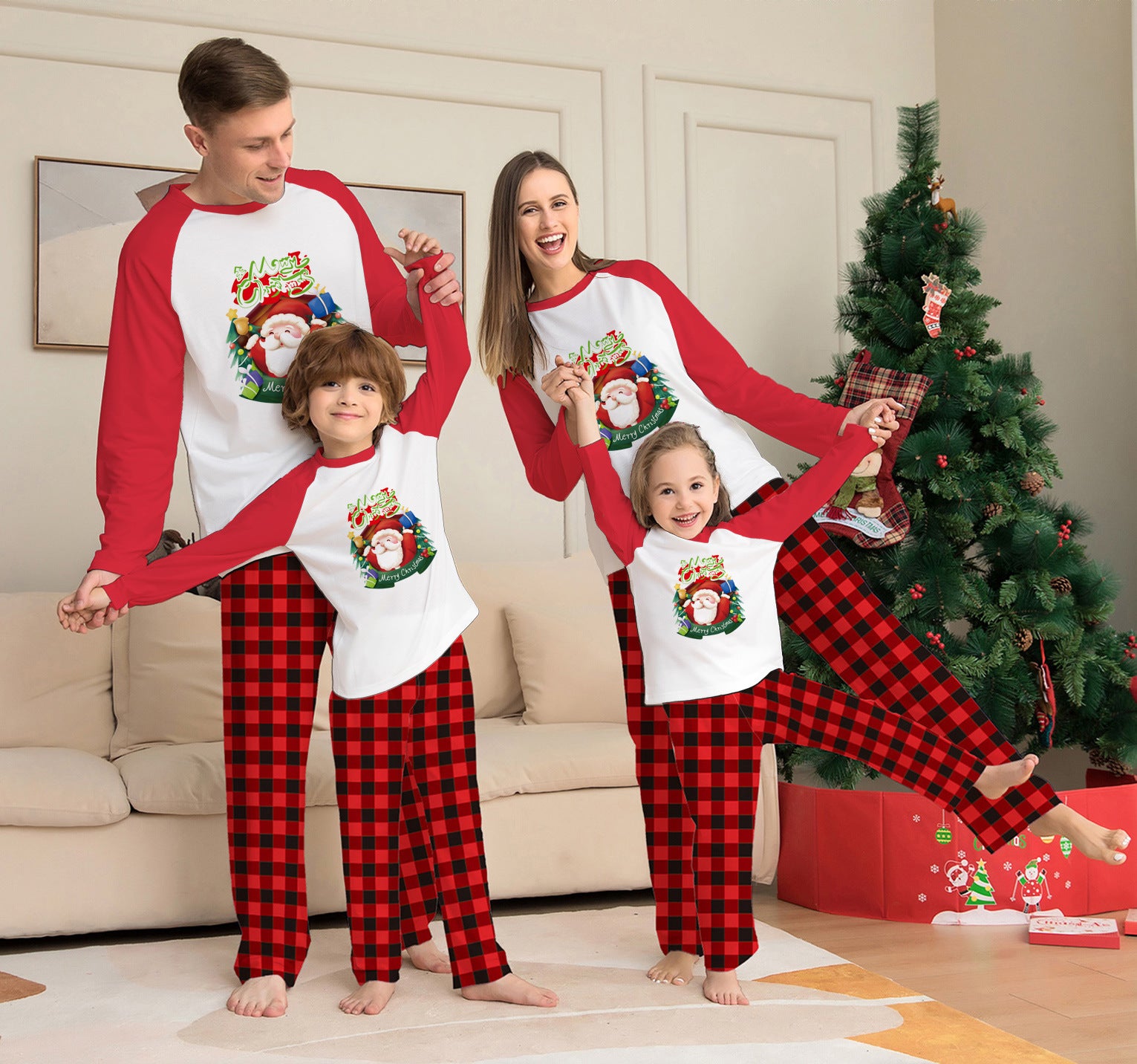 Family Matching Christmas Pajamas – Long Sleeve Tops & Plaid Bottoms