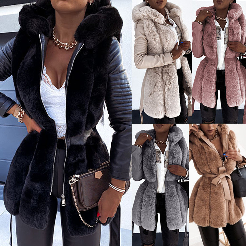 Fur Belt Hooded Jacket for Women – Stylish Winter Outerwear
