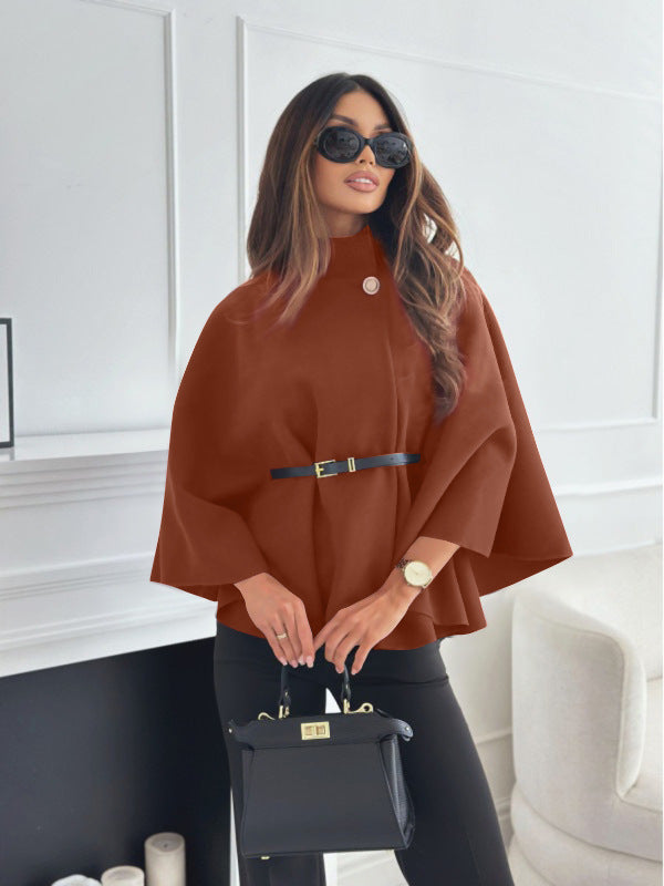 Women’s Stand-Collar Batwing Sleeve Cloak Jacket with Belt