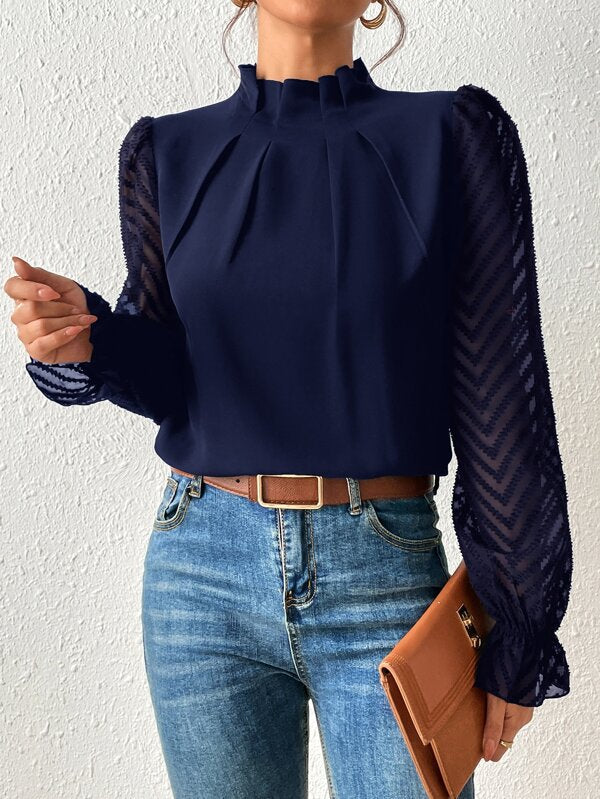 Women’s Wavy Stitch Chiffon Long-Sleeve Top with Half Turtleneck