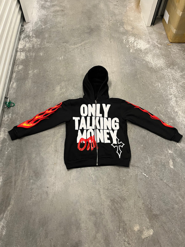 Flame Letter Zip-Up Hoodie – Casual Hip-Hop Street C