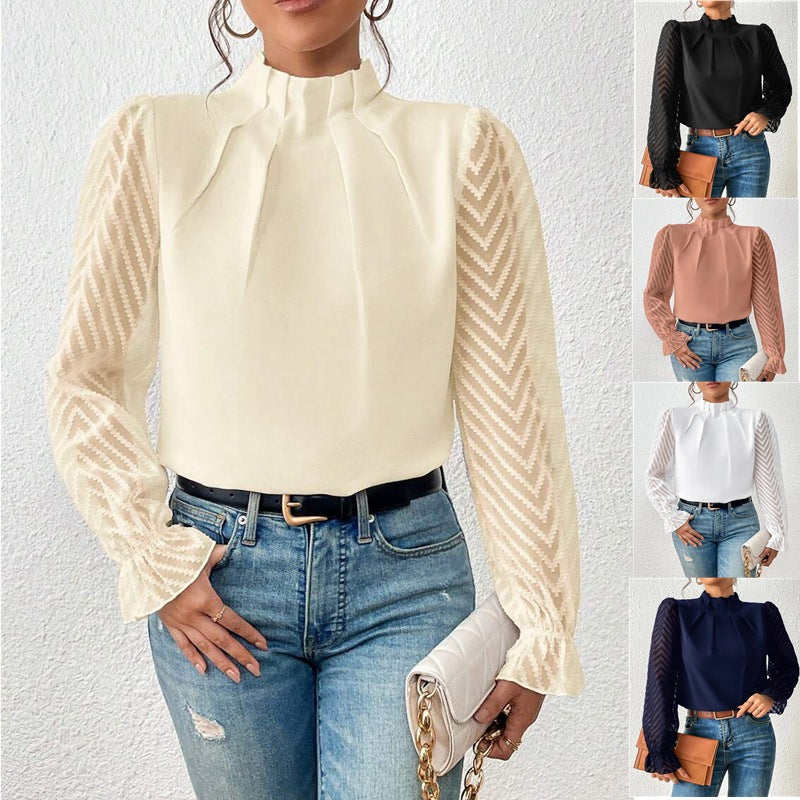 Women’s Wavy Stitch Chiffon Long-Sleeve Top with Half Turtleneck