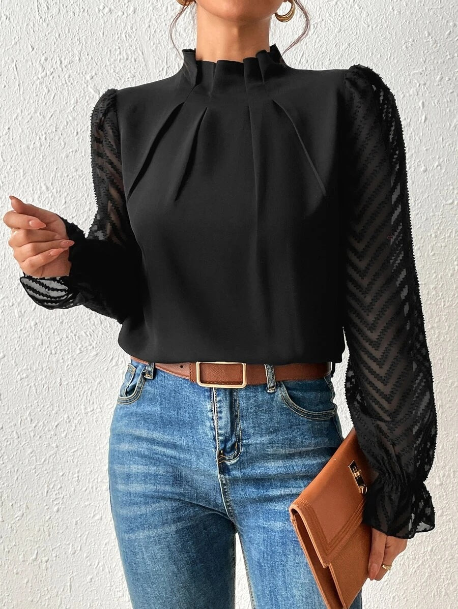 Women’s Wavy Stitch Chiffon Long-Sleeve Top with Half Turtleneck
