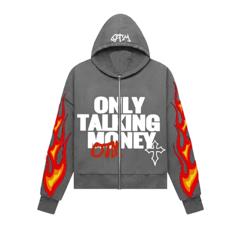 Flame Letter Zip-Up Hoodie – Casual Hip-Hop Street C