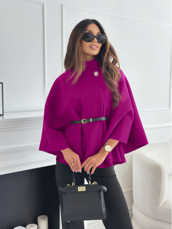 Women’s Stand-Collar Batwing Sleeve Cloak Jacket with Belt