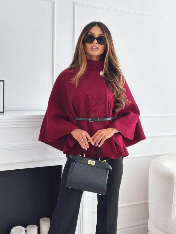 Women’s Stand-Collar Batwing Sleeve Cloak Jacket with Belt